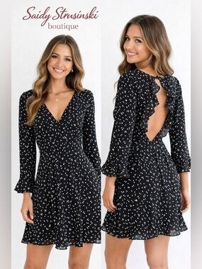 MINKPINK Black Polka Dot Ruffle Dress XS feminine cottagecore Open Back Flowy